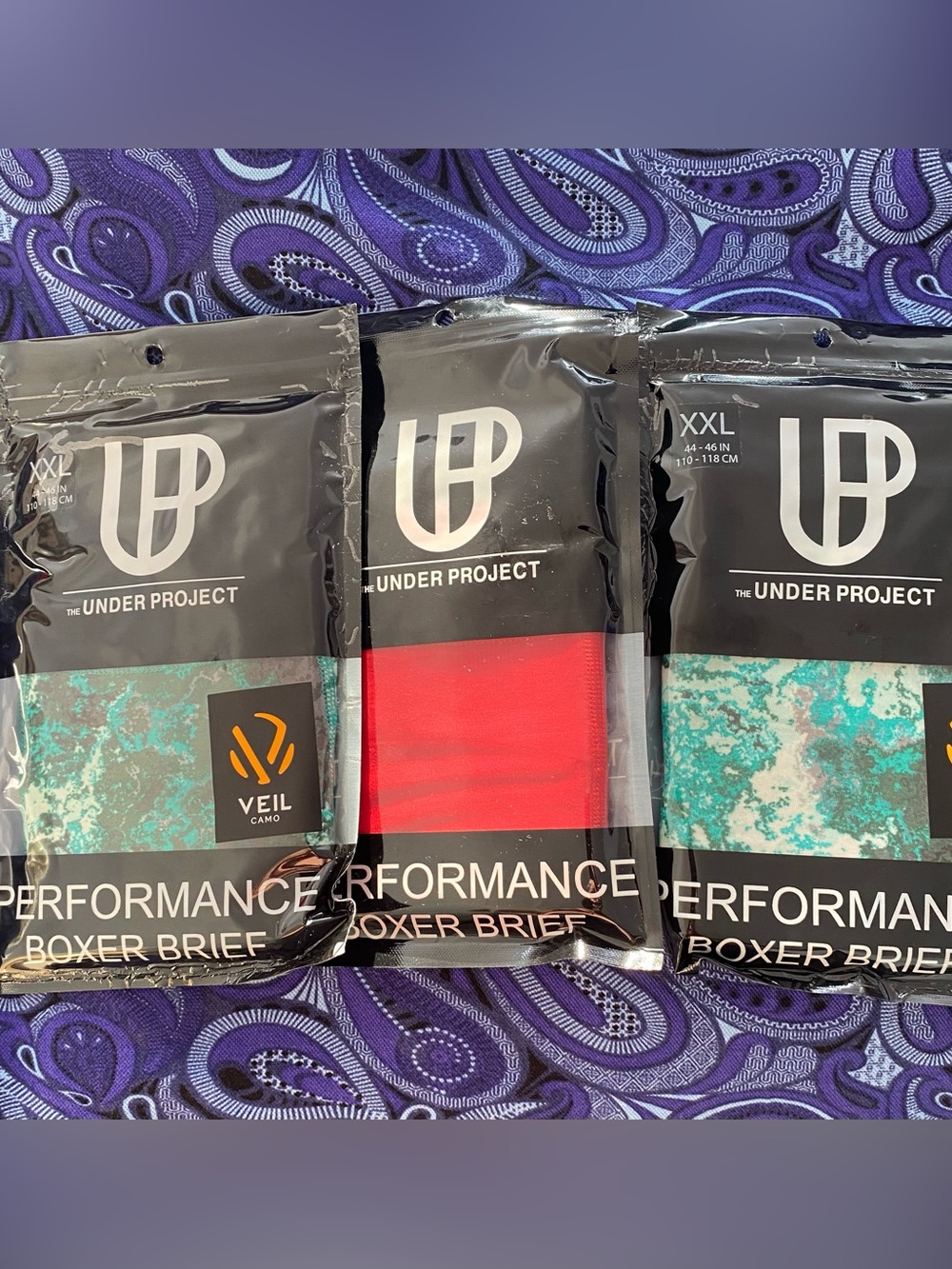 NWT. Performance Boxer Briefs - Red & Teal (3-Pack). SIZE XXL